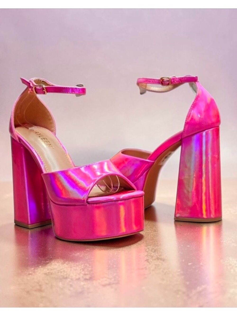 Iridescent Pink Platform Block Heel Sandals With Ankle Strap - Womens Statement